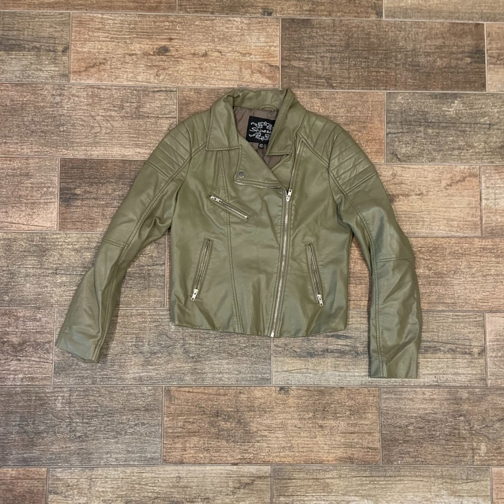 Olive Green Feaux Leather Jacket, Size M